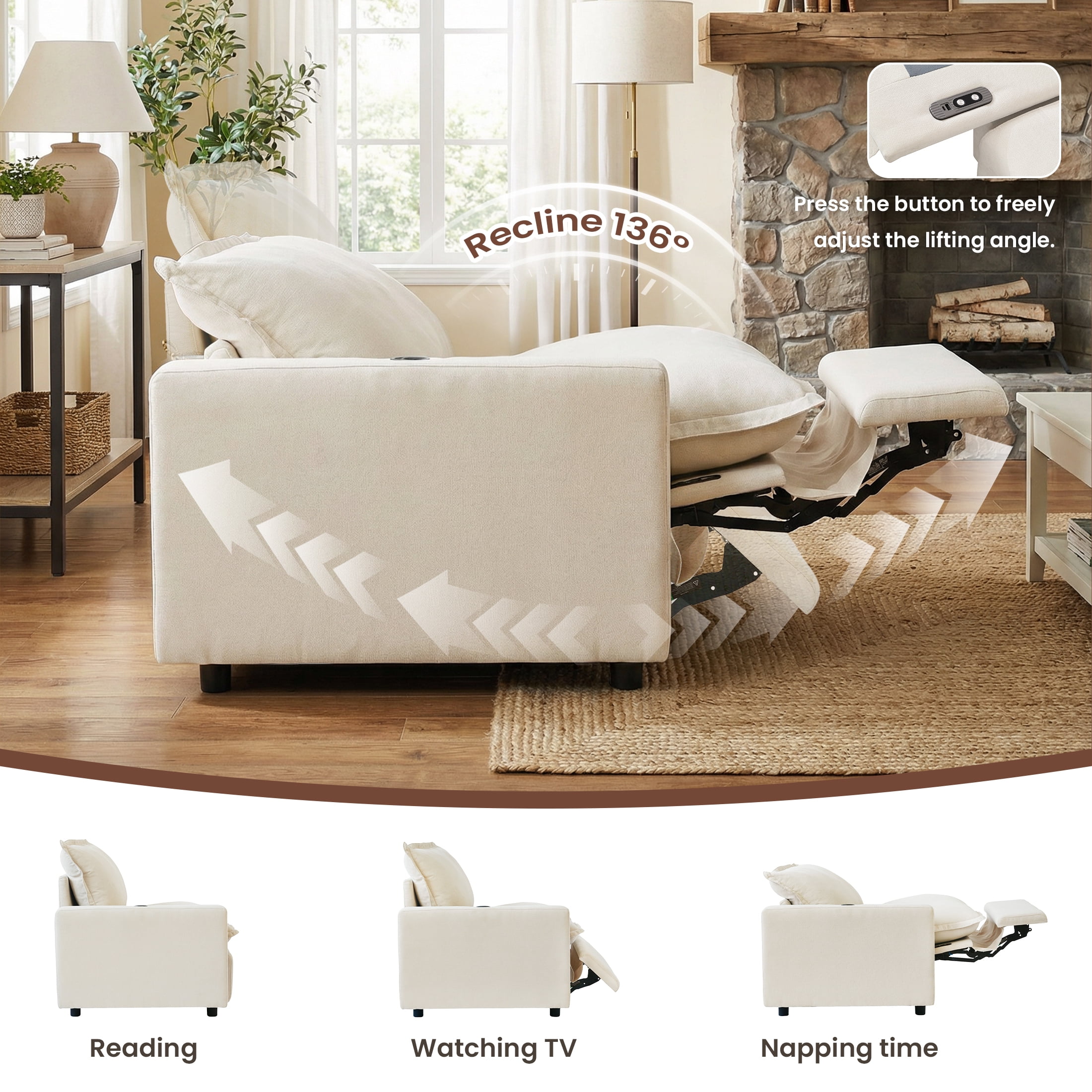 Power Recliner Sofa Couch Set, L Shape Electric Recliner Sectional Couch with Heating, USB Ports for Families and Friends, Modern Electric Recliner Sofa for Living Room Home Theater, Beige