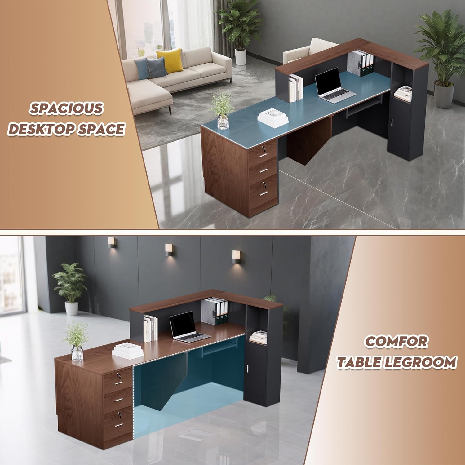 Esheno Commercial L Shaped Reception Desk 87 inch Wooden Front Counter with Lockable Drawers Cabinet Walnut Right Cabinet for Lobby Office Checkout