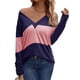 thumbnail image 3 of Blusas Elegantes e Informales para Mujer, con Bloques de Color, de Larga y Cuello en V, para Otoño. Azul M, 3 of 10