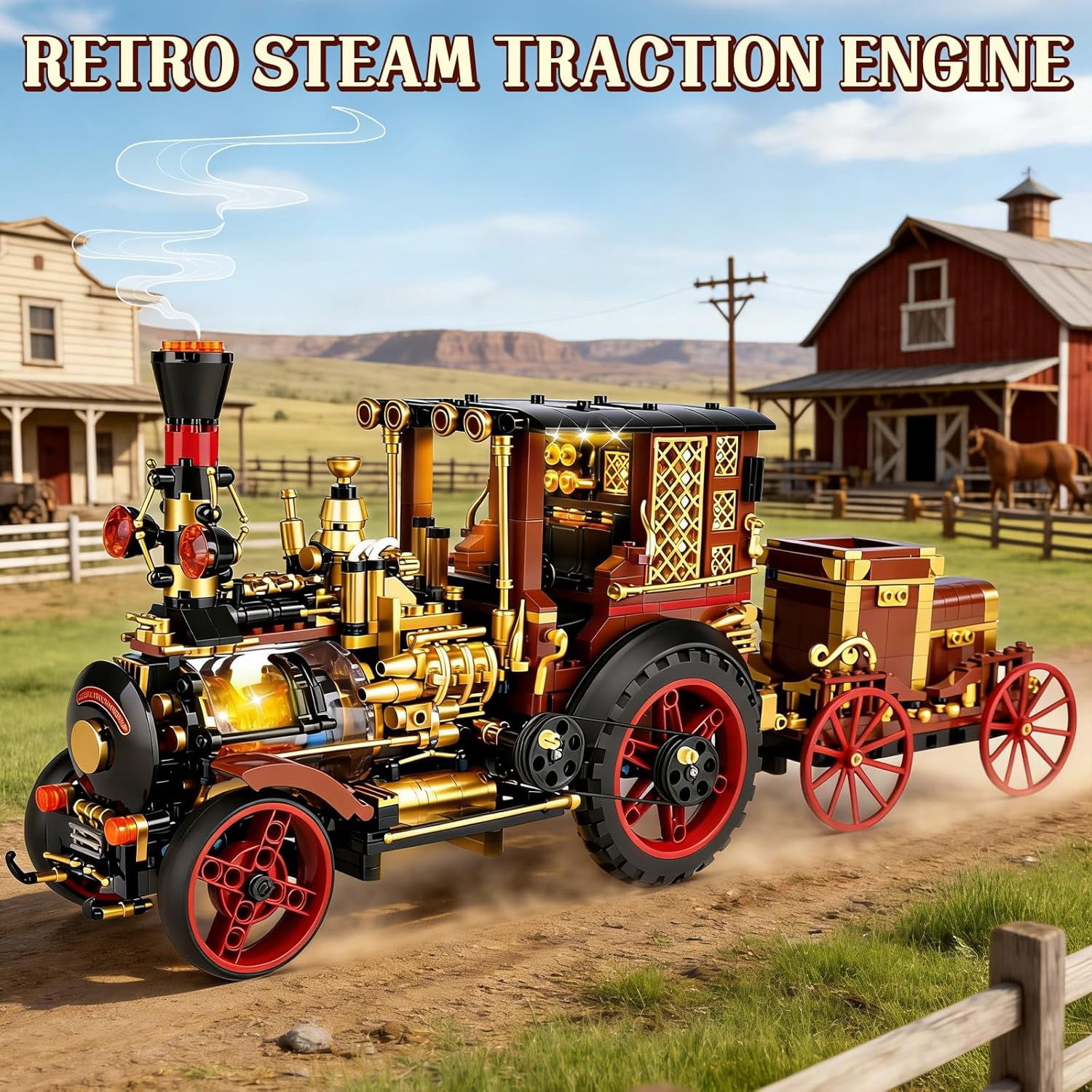 Vintage Car Steam Engine Building Blocks Set with Lights, Western Retro Steam Tractor Locomotive Model Building Kit for Vintage & West Lovers