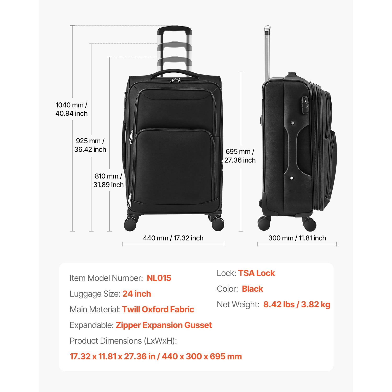 KFFKFF Softside Expandable Spinner Luggage 24" Checked Softside Spinner Luggage with Expandable Zippered Pocket and TSA Lock