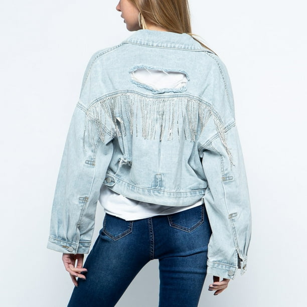 Women s Cropped Denim Jacket Washed Ripped Rhinestone Tassel Long