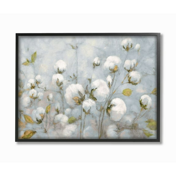 Stupell Industries Cotton Flower Field Neutral Blue Green Landscape Painting Framed Giclee Texturized Art by Julia Purinton