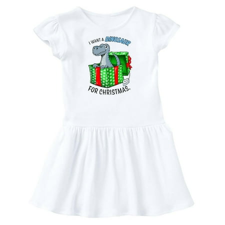 

Inktastic I Want a Dinosaur for Christmas in Green and Red Gift Box Gift Toddler Girl Dress