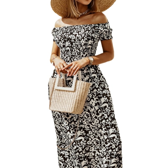 Uhndy Floral Beach Sun Dress for Women Boho Long Maxi Dress Cold Shoulder Flowy Casual Shirt Dress
