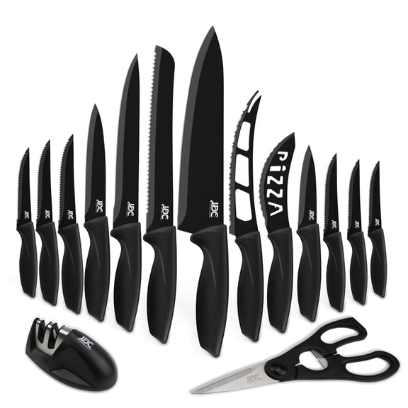 Lux Decor 15-Piece Kitchen Knife Set – High Carbon Stainless Steel Chef Knives Set, Non-Stick Anti-Rust Coating Ergonomic Handle – Chef, Bread, Paring, 6x Steak Knives, Sharpener for Cooking & Dining