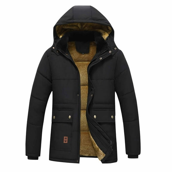 Yyeselk Men's Winter Jacket with Hood Fleece Lined Parka Jacket Water Repellent Windproof Puffer Warm Thicken Detachable Hat Parka Coat Black XL