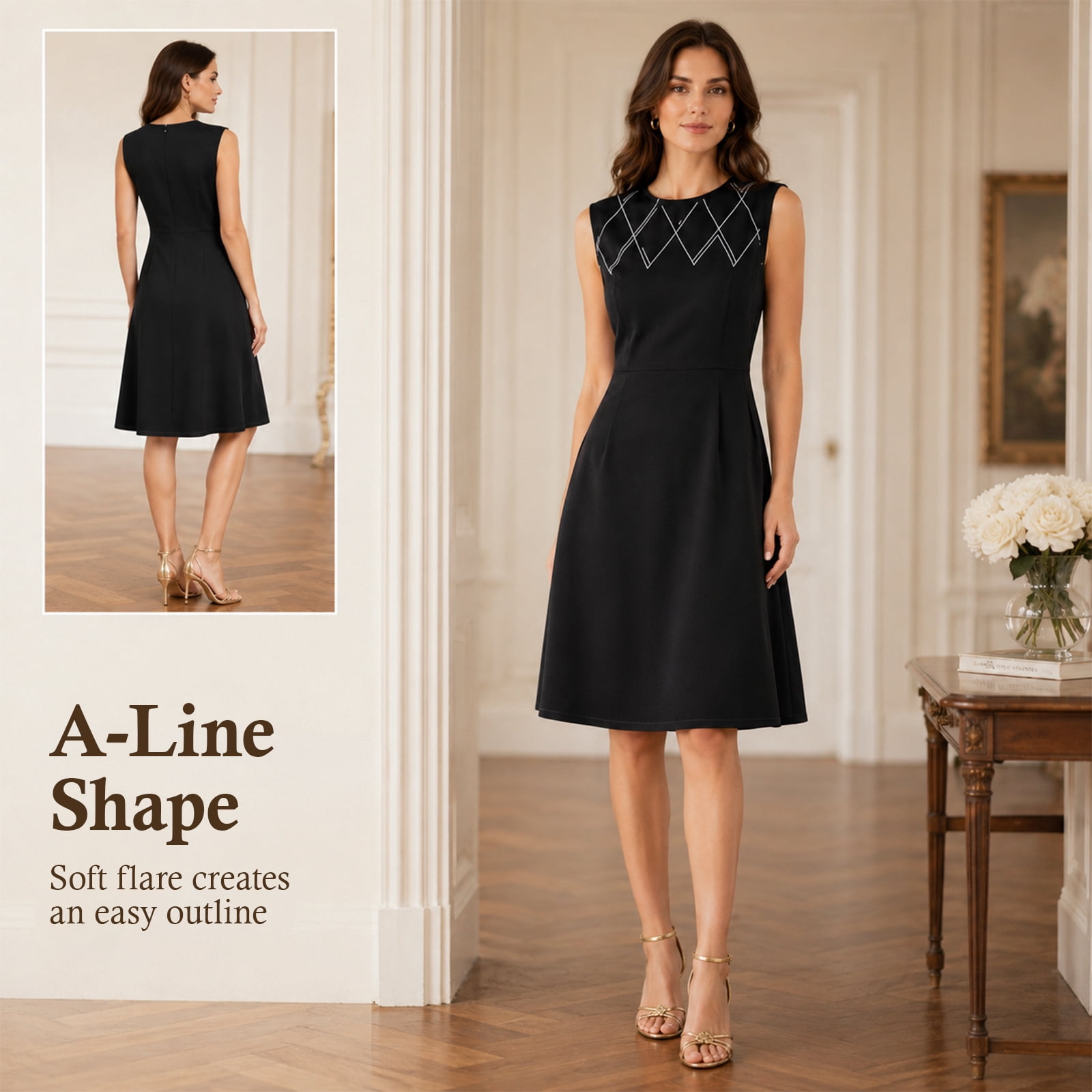 Alvantor Women's Sleeveless A-Line Dress with Diamond Pattern, Black