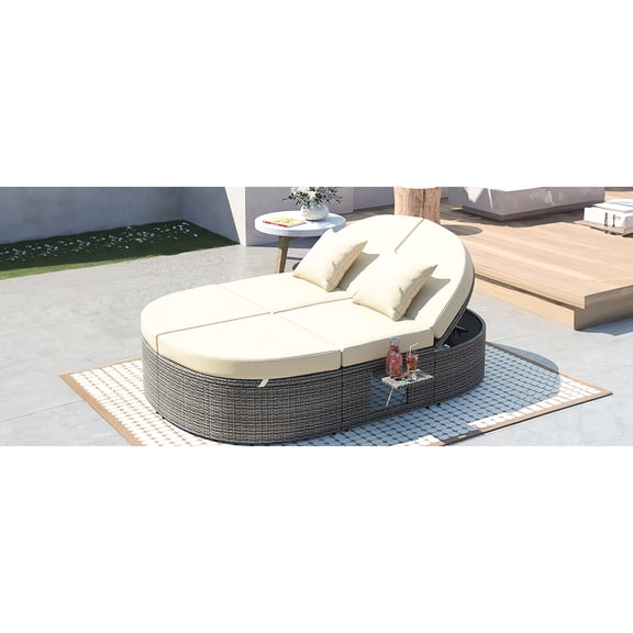 Outdoor Sun Bed With Pillows , Patio 2 Daybed. Beige, Adjustable , Foldable Cup Trays, Long-lasting Materials Cushions & Included. Pe Construction. Side Trays. Beige Relaxation
