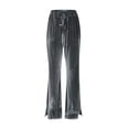 thumbnail image 6 of Women's Velvet Flare Pants, High Waist Drawstring Wide Leg Pants, Soft Casual Lounge Pants with Side Pockets for Daily Wear, Loungewear and Relaxed Outfits Grey M, 6 of 7