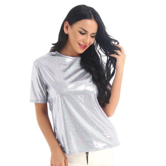 ZHUASHUM Going Out Tops For Women Round Neck Shiny Glossy Solid Color Turtleneck Short Sleeve Tee Shirt Top T Shire Trendy Silver Xl