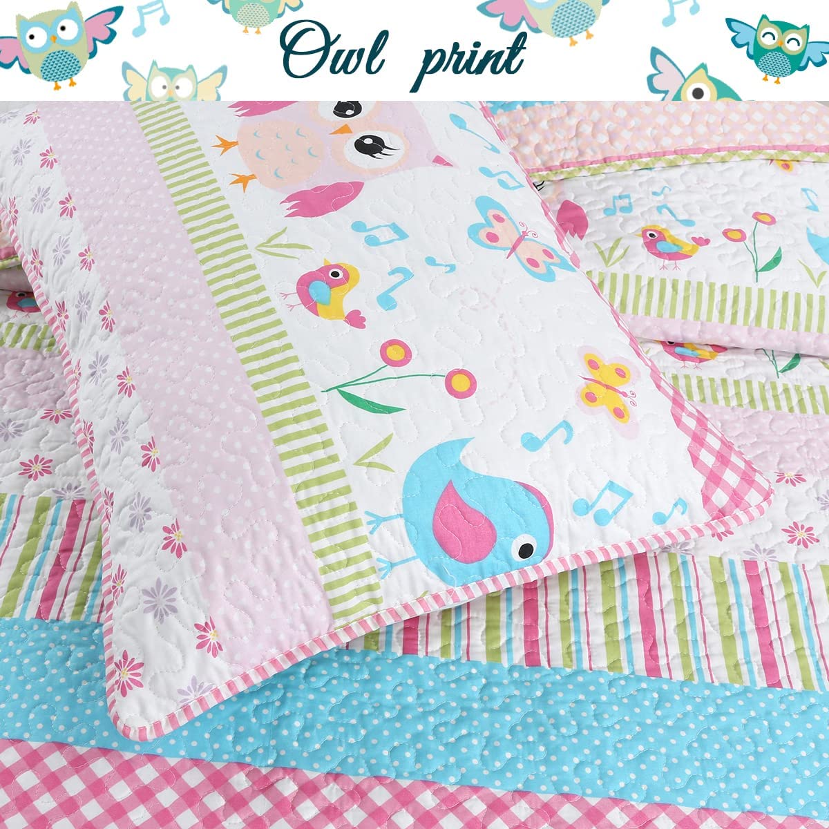 Cozy Line Happy Owl Pink Reversible Quilt Bedding Set, Coverlet, Bedspreads for Kids, Girls (Happy Owl, Twin - 2 Piece)