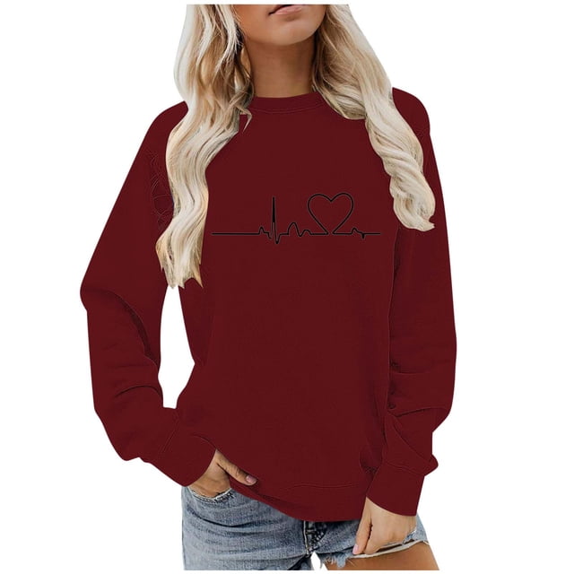 BLVB Chandail à Col Rond pour Femmes, Imprimé de Cœur, Manches Longues, Mignon, Coupe Ample, Léger, Hauts d'Automne, Cadeaux de la Saint-Valentin