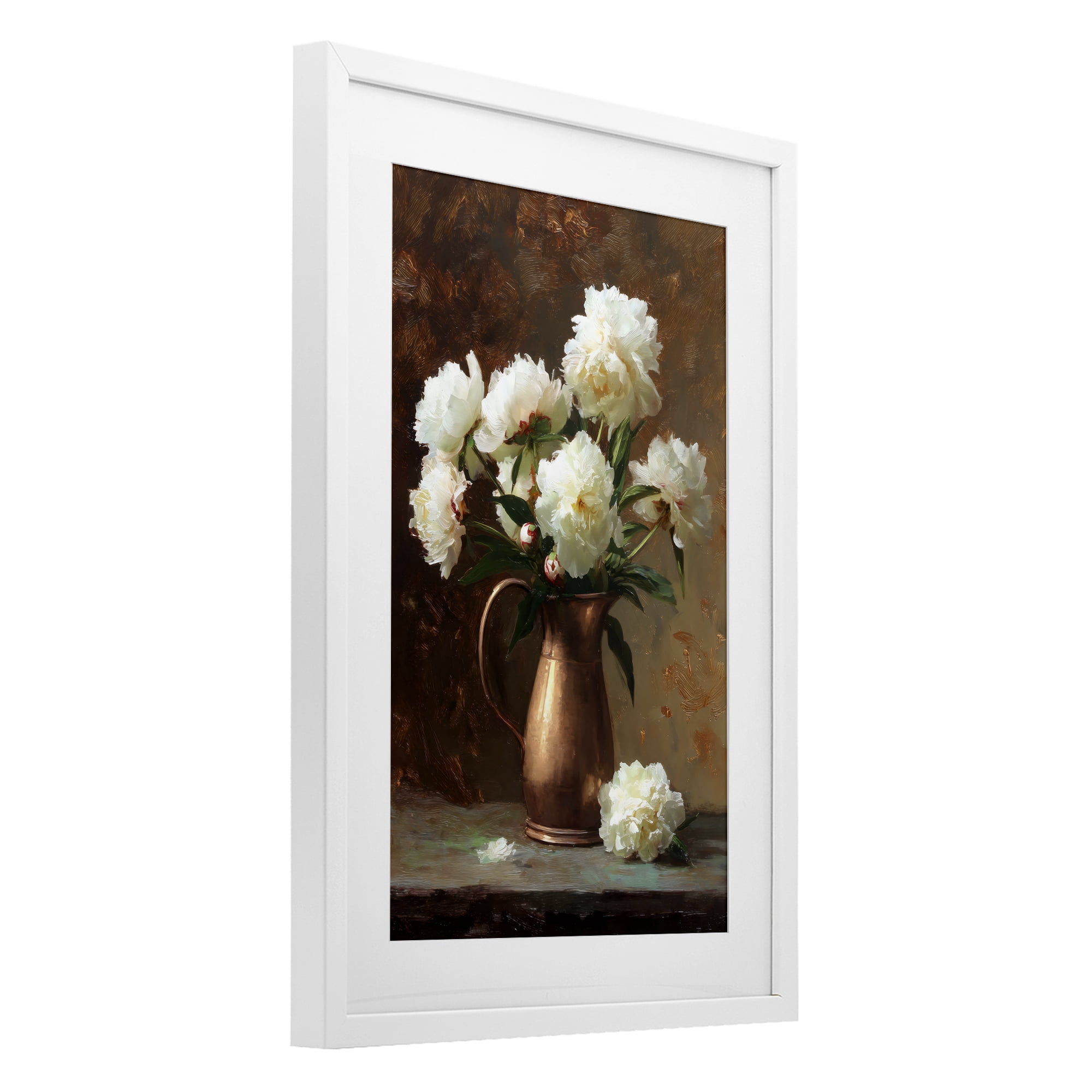 Stupell Industries Bronze Vase Peonies White Framed Print Under Glass, design by Petal Prints Design
