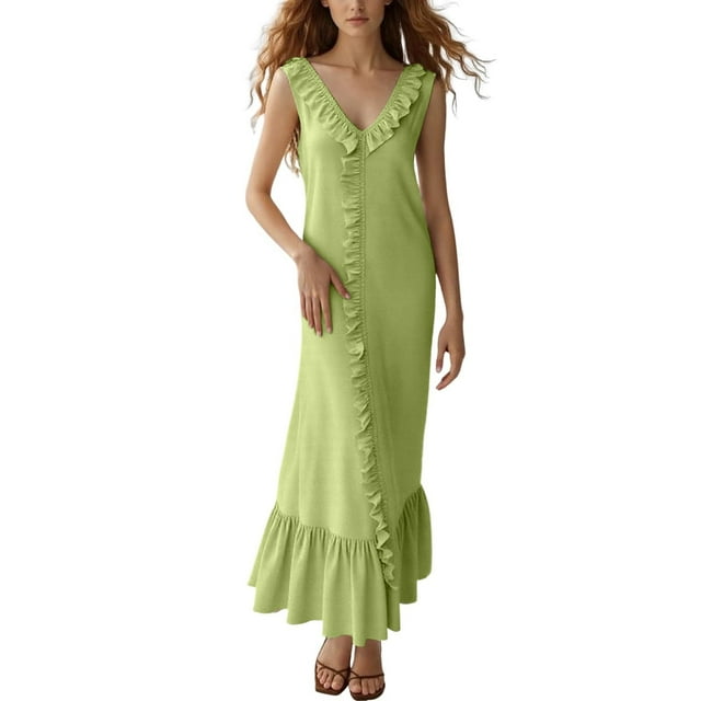 Vestido largo con cuello en V para mujer - Botones en la parte delantera, volantes - Sin mangas, corte A - Playa/fiesta - Tallas S-XXL