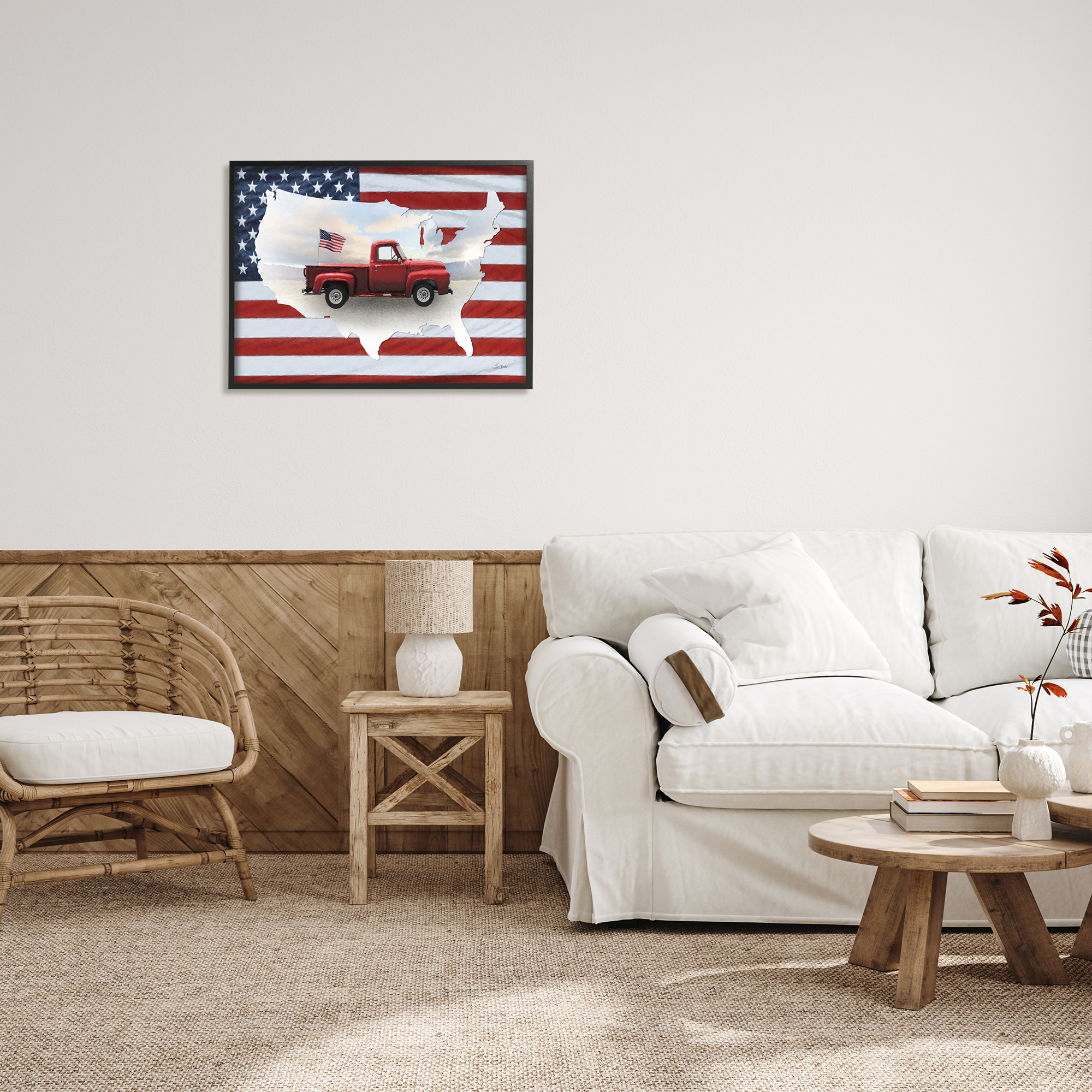 Stupell Industries Farmhouse American Flag Transportation Painting Black Framed Art Print Wall Art, 30 x 24