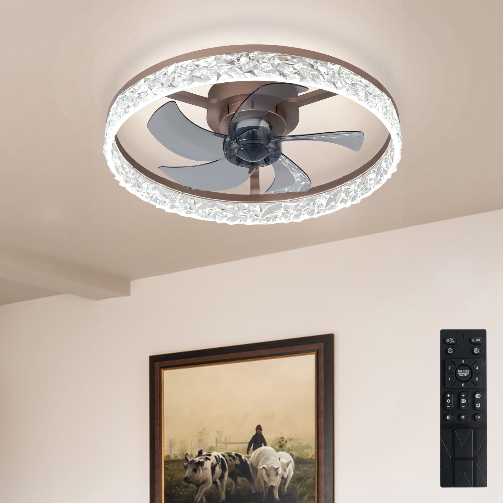 Depuley 20-Inch Low Profile Ceiling Fan with Light - Ultra-Quiet <30dB, App & Remote Control, Dimmable 3 CCT LED, Flush Mount for Bedroom，in Brown