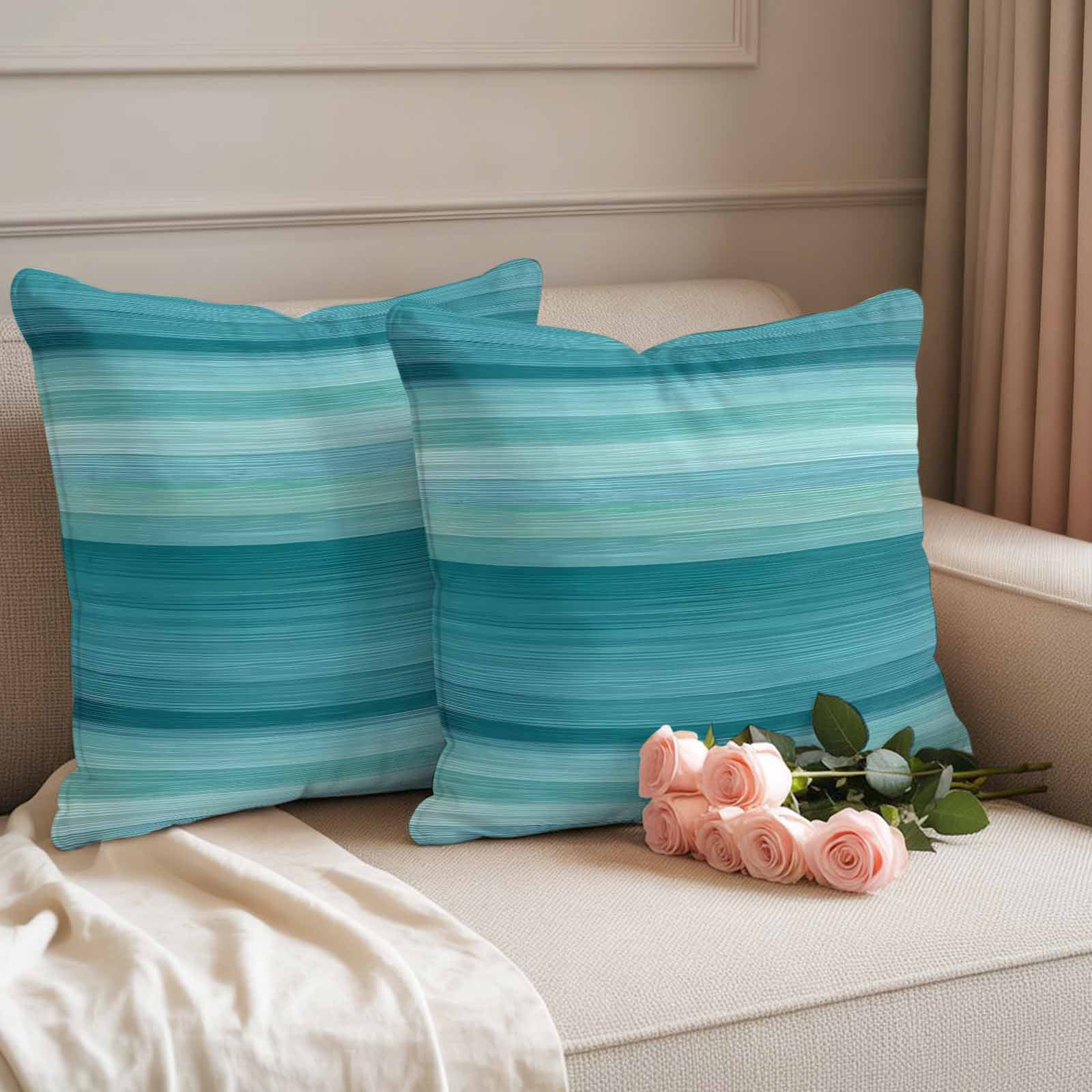 Teal Turquoise Aqua Ombre Outdoor Waterproof Pillow Covers, Contemporary Abstract Lines Decorative Square Throw Pillowcase Sofa Cushion Sham for Patio/Couch/Chair, 20"x20" 2 Pack