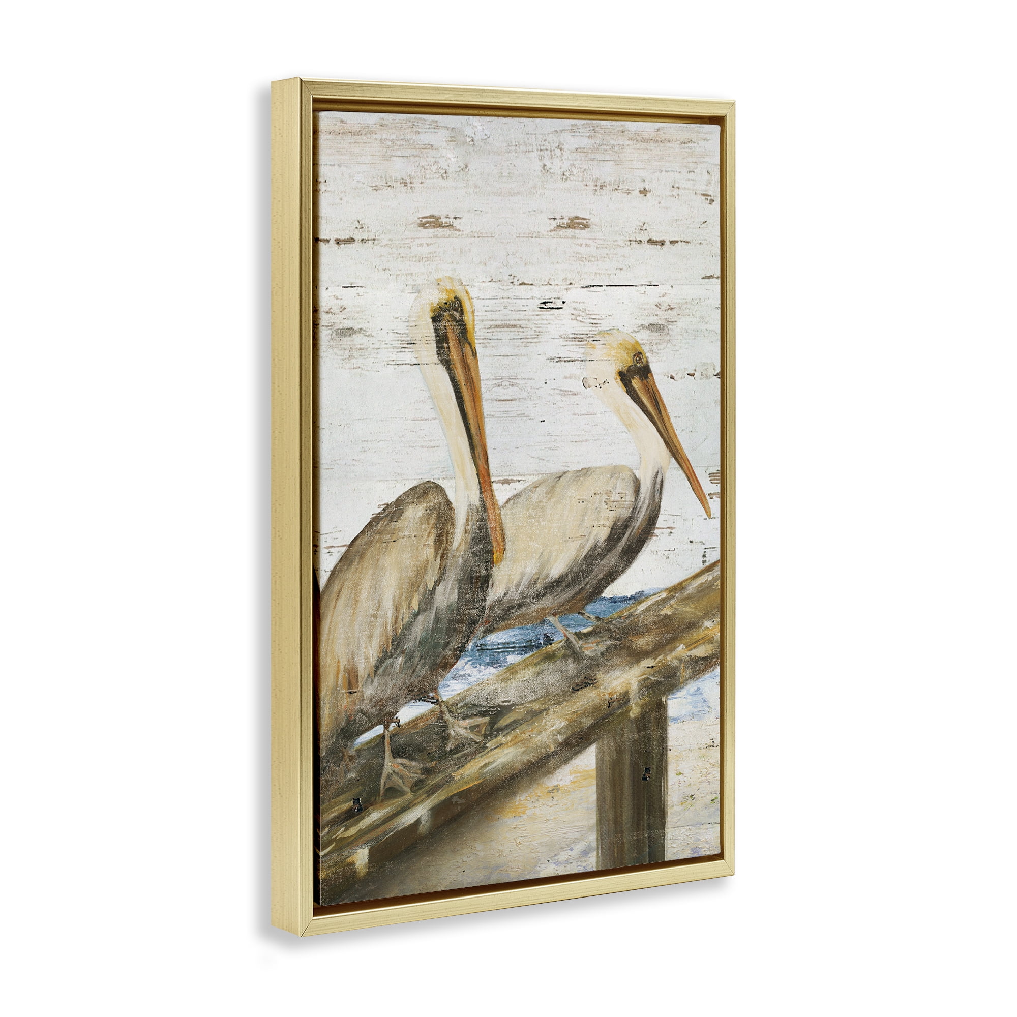 Stupell Industries Rustic Pelicans Perched Animals & Insects Painting Gold Floater Framed Canvas Art Print Wall Art, 21 x 31