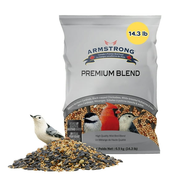 Armstrong Wild Bird Food Premium Blend, 14.3 Pounds - with White Millet, Black Oil Sunflower, Wheat, Peanuts, Striped Sunflower and Safflower for Northern Cardinals, Black-Capped Chickadees and More