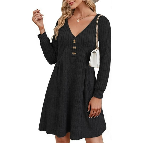 NJWS Women Long Sleeve V Neck Sweater Dress Knee Length A Line Ribbed Button Dresses Winter Fall Casual Wedding Guest Dress
