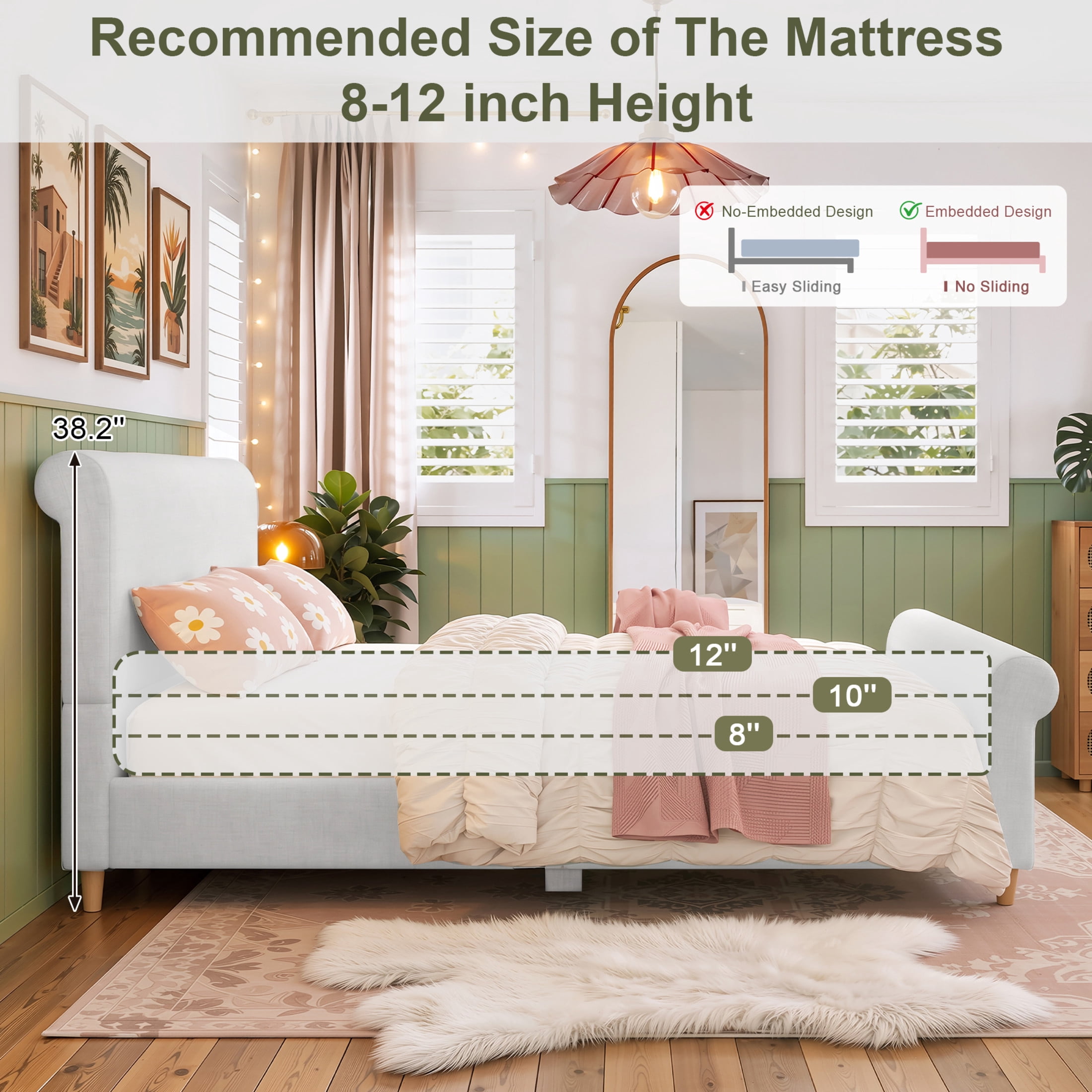 GDF Studio Flora Queen Size Upholstered Sleigh Bed Frame with High Headboard, Solid Wood Legs & Slats Support, Beige