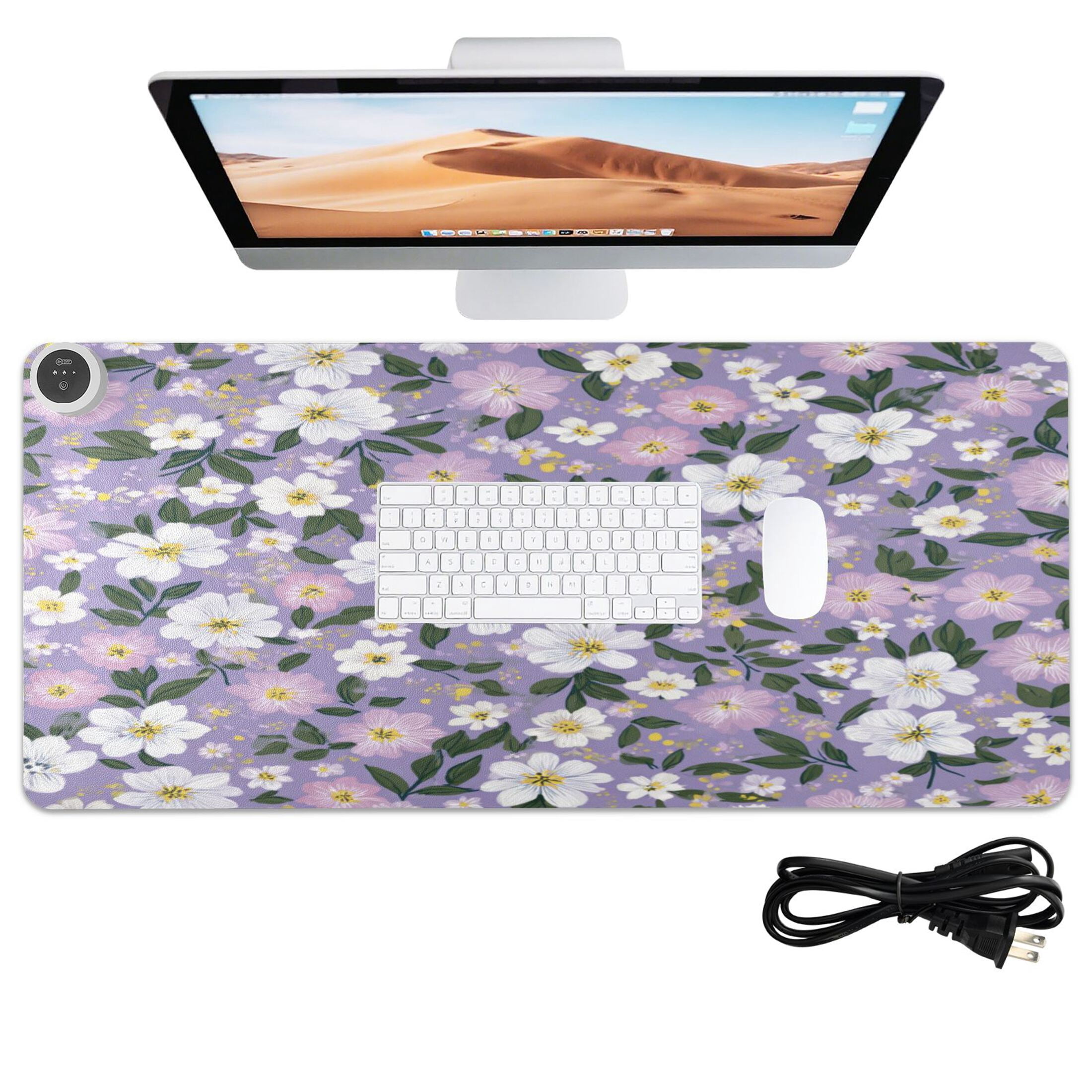 Large Heated Desk Mat Mouse Pad 31.5"x13"PU Leather Graphene Heating Desk Warmer with 3 Temperature Settings 110V US Plug Non-Slip Warm Pad for Home, Office, and Gaming Dainty Floral Seamless Print