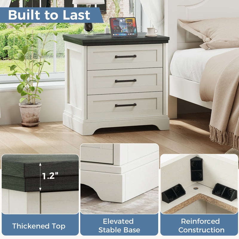 Gianna Nightstand with Charging Station, Farmhouse Bedside Table with 3 Drawers, Wood End Table, Modern Side Table for Bedroom, White