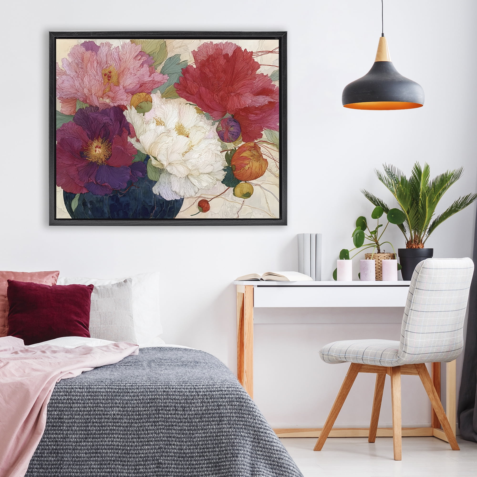 Haiku Ornate Flower Petals Black Framed Floater Canvas Wall Art, design by Annabelle Hall