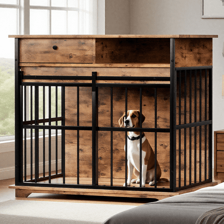 Large Dog Crate Furniture with Drawer & Side Storage, 35.4" Wooden Dog Kennel with Metal Cage & Removable Tray for Medium Large Dogs, Walnut Finish