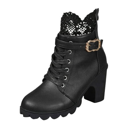 

Daznico Womens Booties Ladies Autumn and Winter Casual Rhinestone Buckle Lace Splicing Chunky Heel Zipper High Heeled Ankle Boots Short Boots Womens Chelsea Boots Size 7