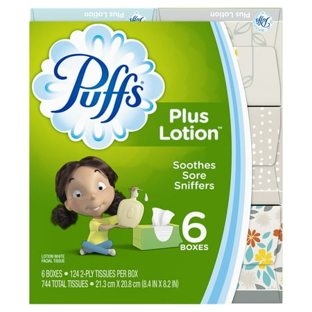 Puffs Plus Lotion Facial Tissues, 6 Family Boxes, 124 Tissues per