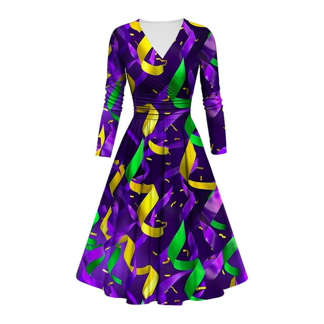 FcBaudy Robe à Manches Longues à Col en V, Robes d'Été pour Femmes, Robes pour Femmes Robe Imprimée pour Dames Style à Manches Longues à Col en V Robe pour Femme