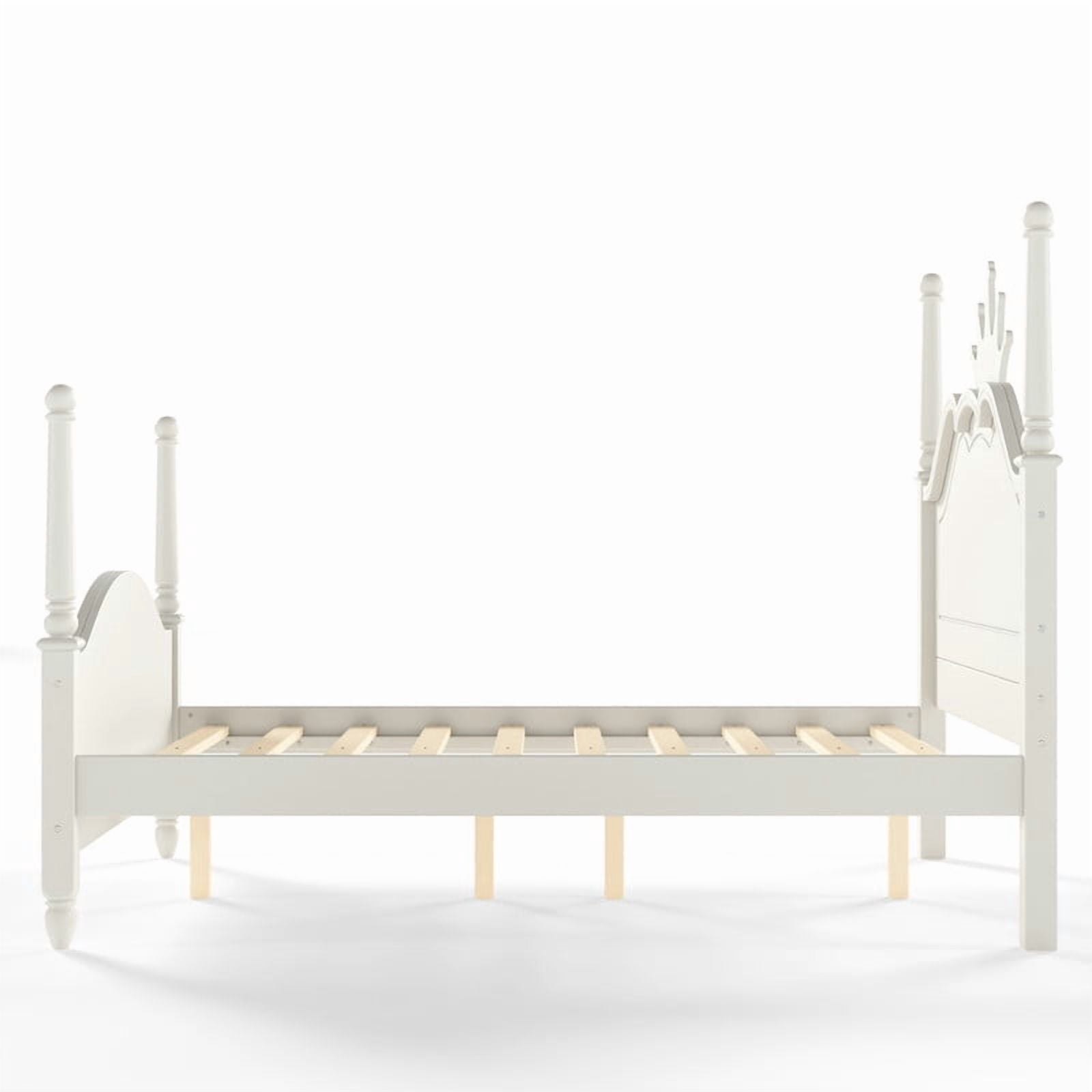 Full Size Kids Low Profile Platform Bed, Curved Footboard Four Poster Bed, Wooden Princess Bed Frame with Crown Shaped Headboard