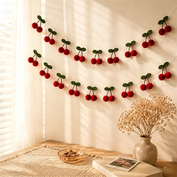 Topboutique Cherry Garland Decoration,Colorful DIY Fruit Hanging Props,Red Cherries Pompom Garland for Bedroom Baby Shower Party Decoration,3 Pcs