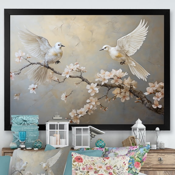 Designart "Serene Landscape White and Grey Birds on Floral Tree I" Animals Framed Wall Art Decor - Modern Farmhouse White Bird Bedroom Framed Canvas Wall Art
