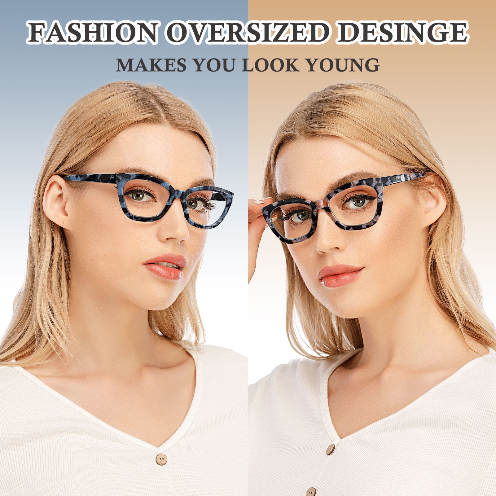 AQWANO Cat Eye Reading Glasses Women Blue Light Blocking, 2 Pack Filter UV Ray/Glare Computer Fashion Oversized Readers