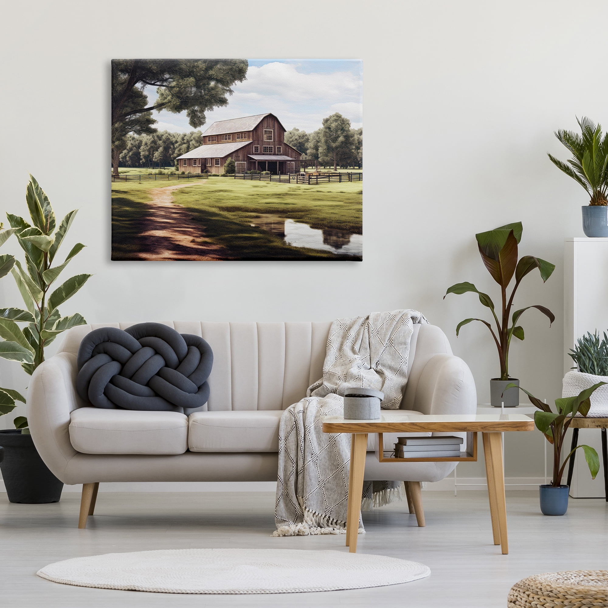 Stupell Industries Farmhouse Barn & Stream Landscape Painting Gallery Wrapped Canvas Art Print Wall Art, 48 x 36