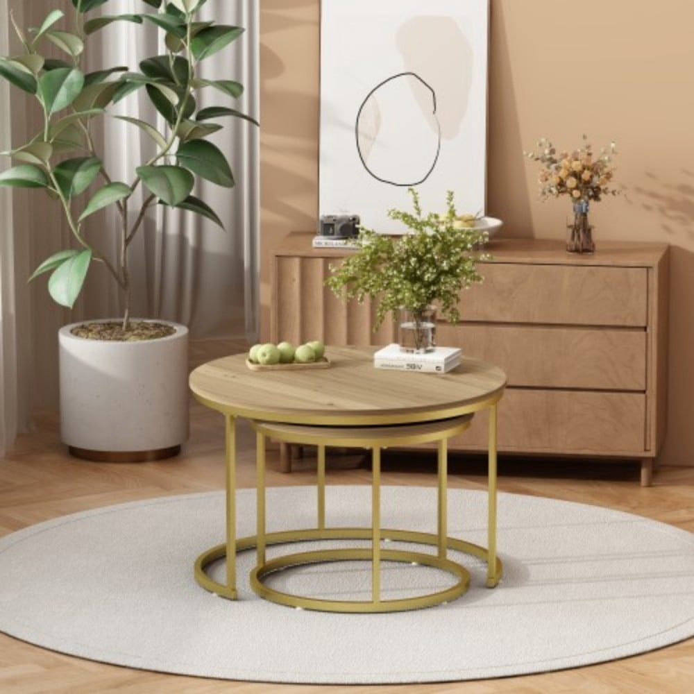 27.6" Nesting Coffee Table Set of 2, Round Wood Marble Pattern Top with Sturdy Metal Frame, Stackable End Tables for Living Room, Bedroom, Office, Brown & Gold
