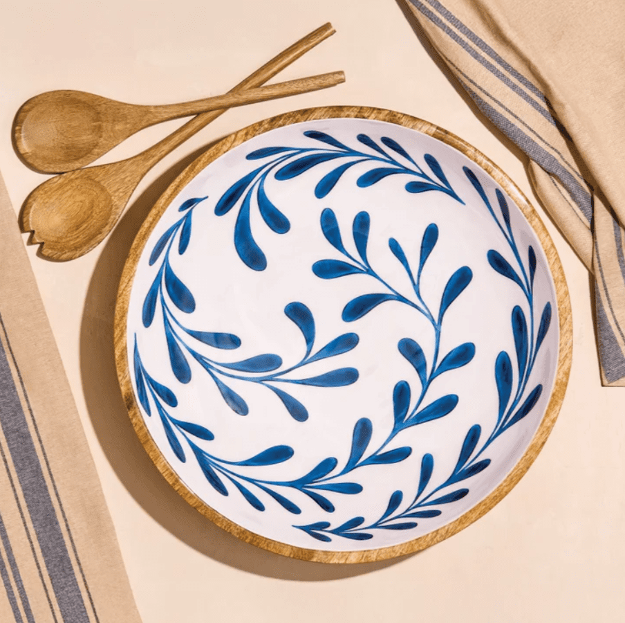 Maison Neuve Enamelled Mango Wood Salad Bowl & Servers, 44 cm (17.3 in.)