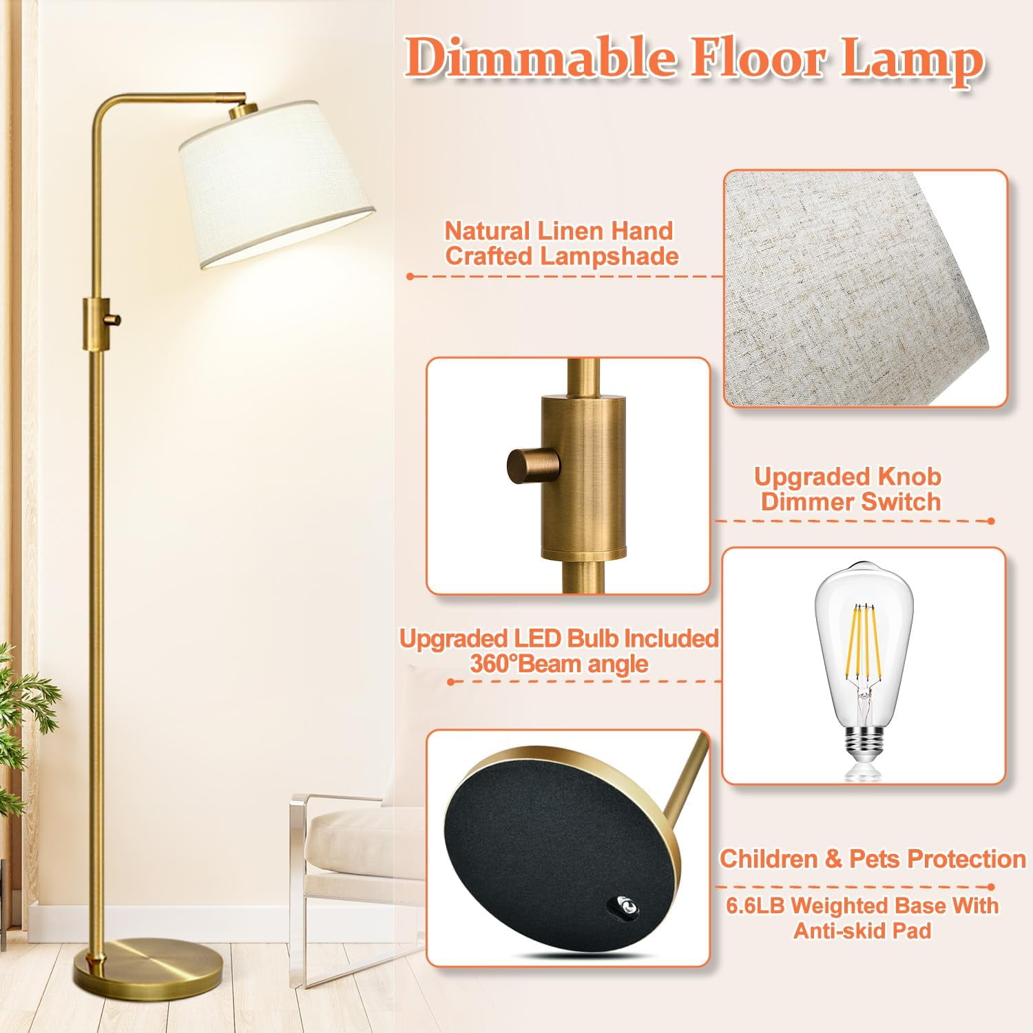Dimmable Floor Lamp, 1000 LM LED Edison Bulb Included, Arc for Living Room Modern Standing Lamp Tall Lamps for Living Room Bedroom-Brass