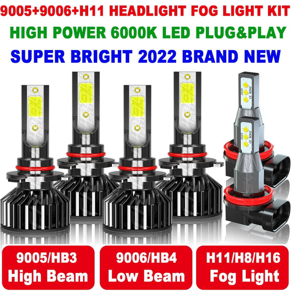 Combo 9005 9006 H11 6PCS 6000K LED Headlights High Low Beam Fog Light Bulbs Kit 