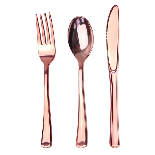 75 Piece Rose Gold Plastic Silverware Set - Reusable & Recyclable - Rose Gold Plastic Utensils for Weddings, Anniversari