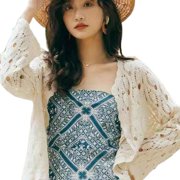 Women Flare Long Sleeve Crochet Cardigan Open Front Hollow Floral Sweater Coat
