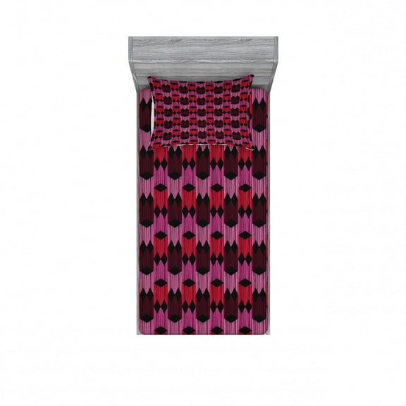 Geometric Bedding Set with Sheet & Covers, Arrangement of Rhombuses and Diamonds with Hand Drawn Stripes Retro Design, Printed Bedroom Decor 2 Shams, 4 Sizes, Multicolor, by Ambesonne