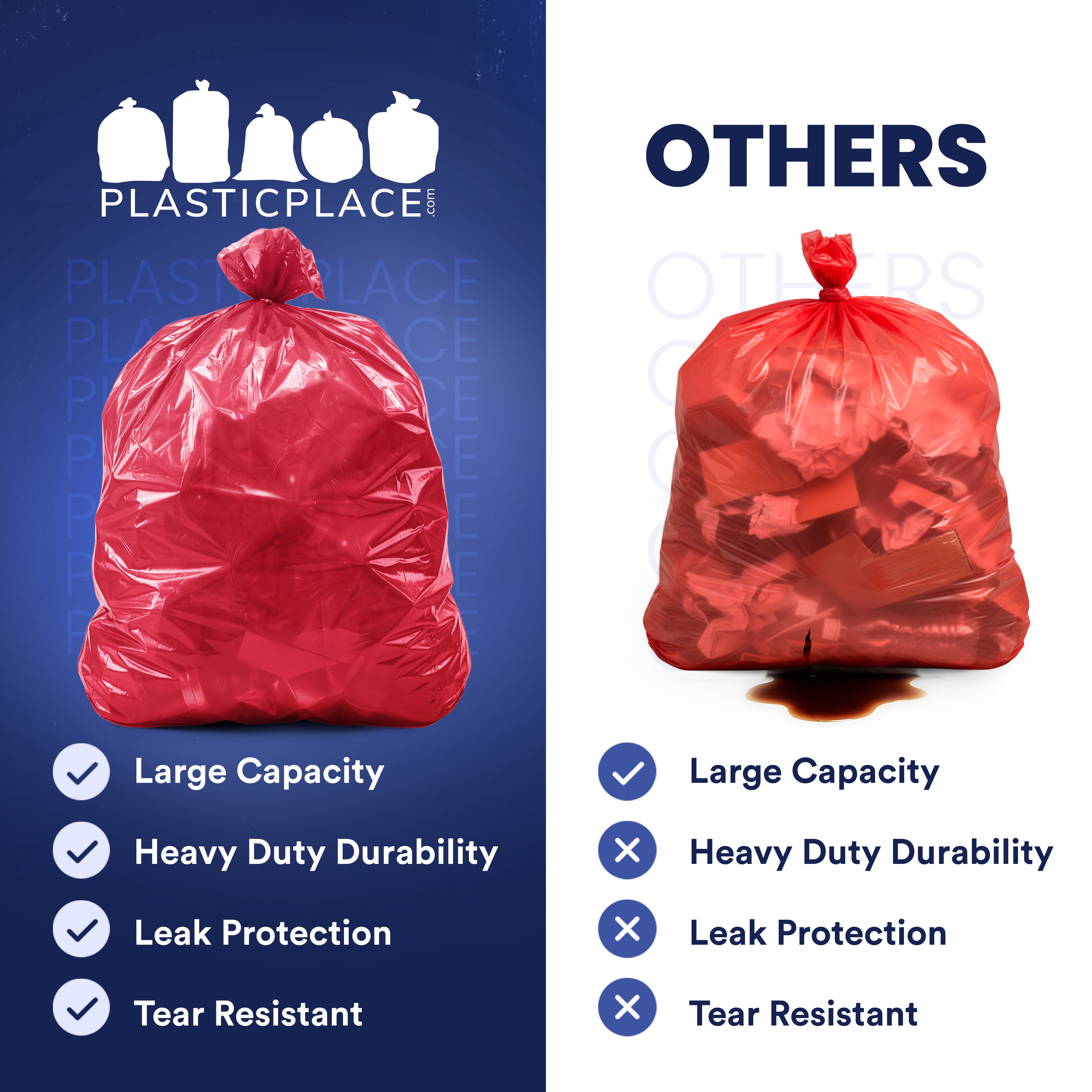 Plasticplace 55-60 Gallon Trash Bags │ 1.2 Mil │ Red Heavy Duty Garbage Can Liners │ 38” x 58” (50 Count)