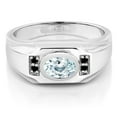 thumbnail image 2 of Gem Stone King Men's 925 Sterling Silver Sky Blue Aquamarine and Black Diamond Ring (1.33 Cttw, Gemstone March Birthstone, Oval 8X6MM,, Size 10), 2 of 3