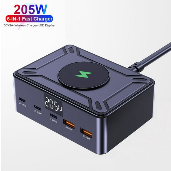 ZHENYEMEI 205W 5-Port USB Charging Station with PD & QC 3.0, Desktop Fast Charger Station with 15W Wireless Charging, Smart LED Display USB Charger Hub for Home, Office & Multiple Devices (Black)