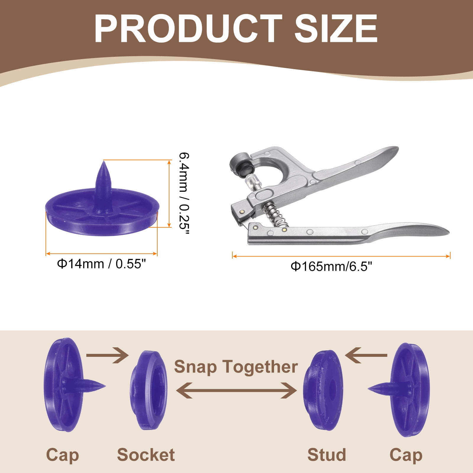 Uxcell Plastic Snaps Fasteners with Snap Pliers, 100 Set T8 Round Resin No-Sew Button Snap Fasteners Kit Black