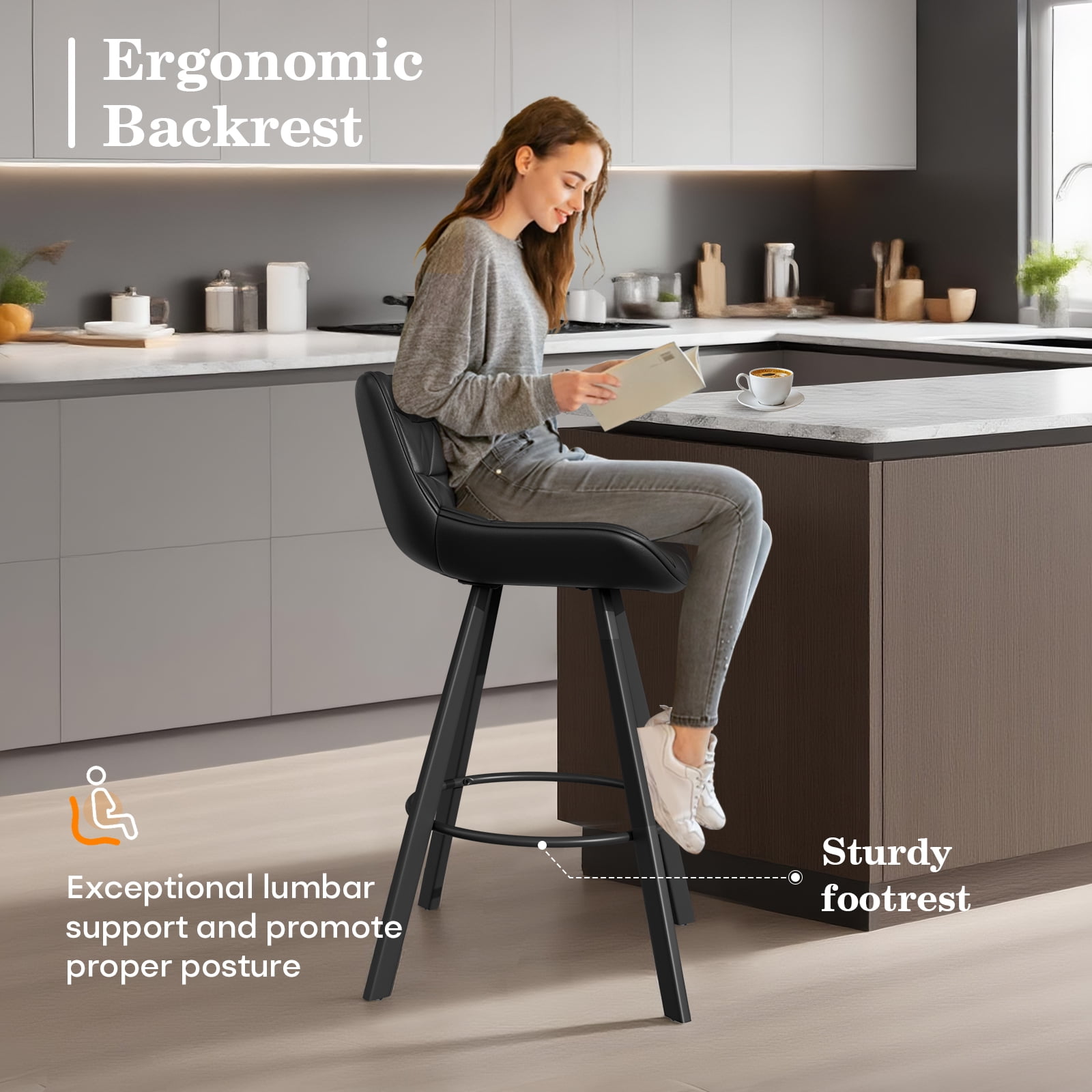 HomeZeer Bar Stools Set of 6, 26" Counter Height Bar Stools with Low Back and Footrest, PU Leather Upholstered Seat, Metal Legs Bar Chairs for Kitchen Island Dining, Black